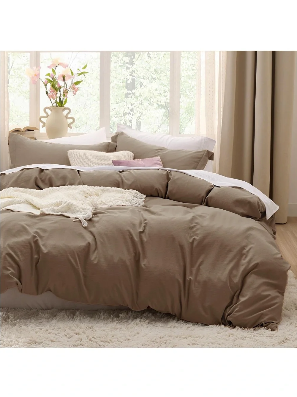 NEW Bedsure Prewashed Duvet Cover King, Cotton-Like Soft Bedding Set, Brown